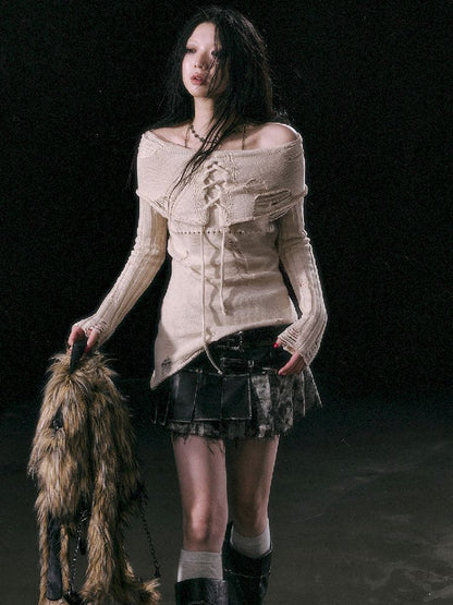 Cream Tie-Front Knit Sweater