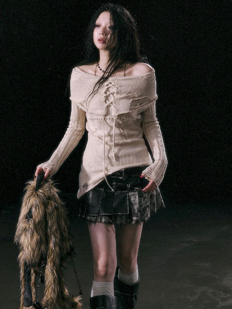 Cream Tie-Front Knit Sweater