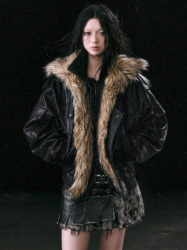 Oversized Fur-Collar Leather Coat