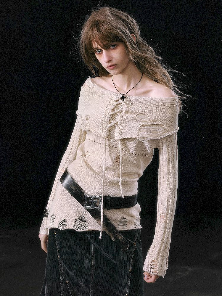 Cream Tie-Front Knit Sweater