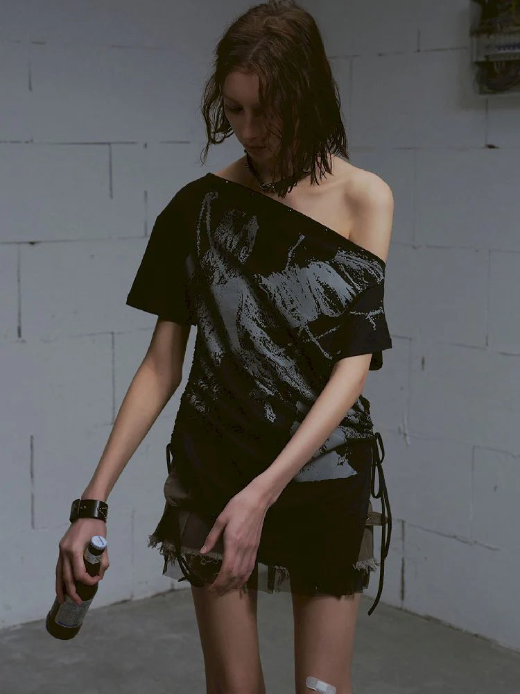 Black Off-Shoulder Ruched T-Shirt