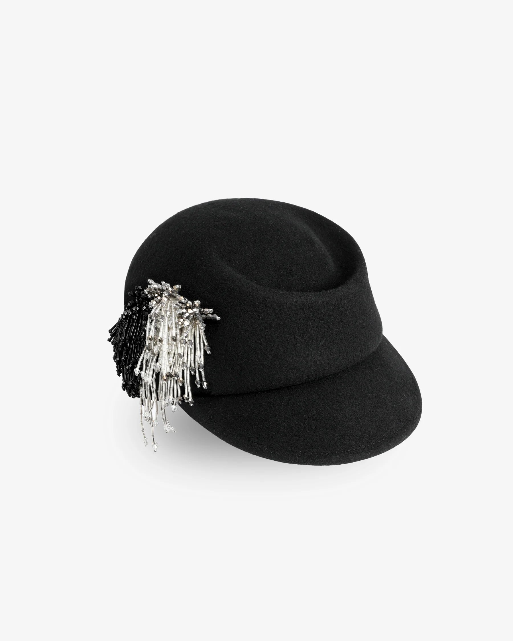 Fringe Beaded Felt Cap Black