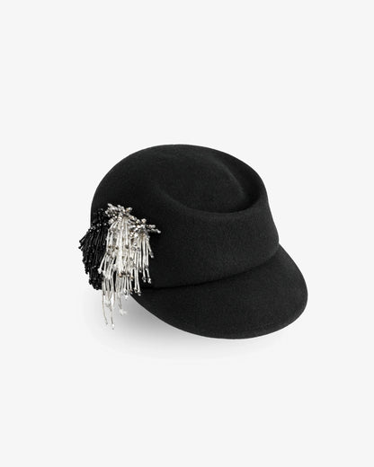 Fringe Beaded Felt Cap Black