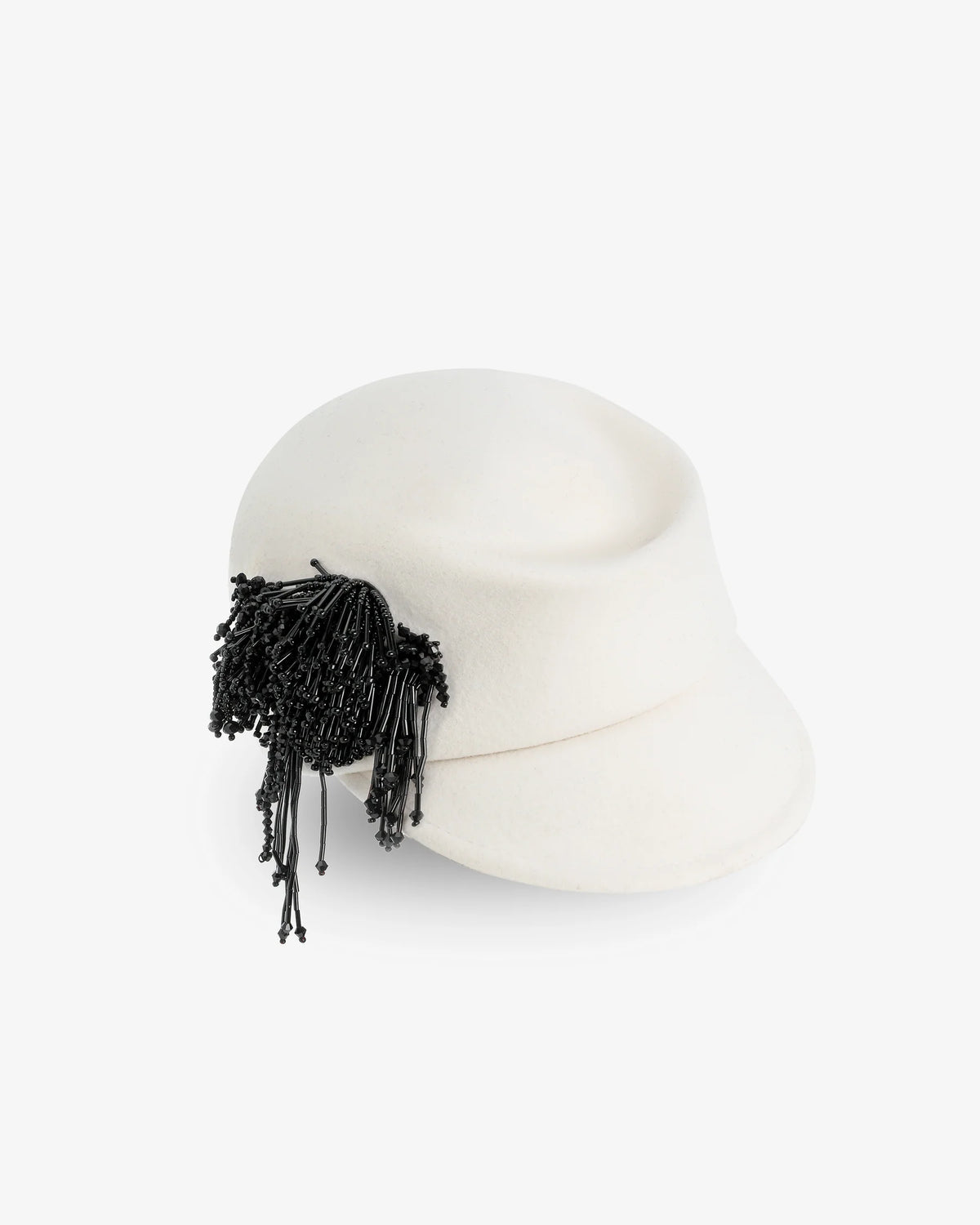 Fringe Beaded Felt Cap Black White