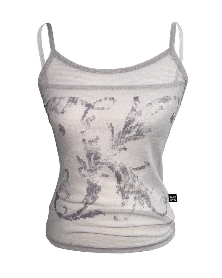 Mesh sleeveless with stretchy material and front printing. Made from Polyester 85% /Polyurethane 15%.