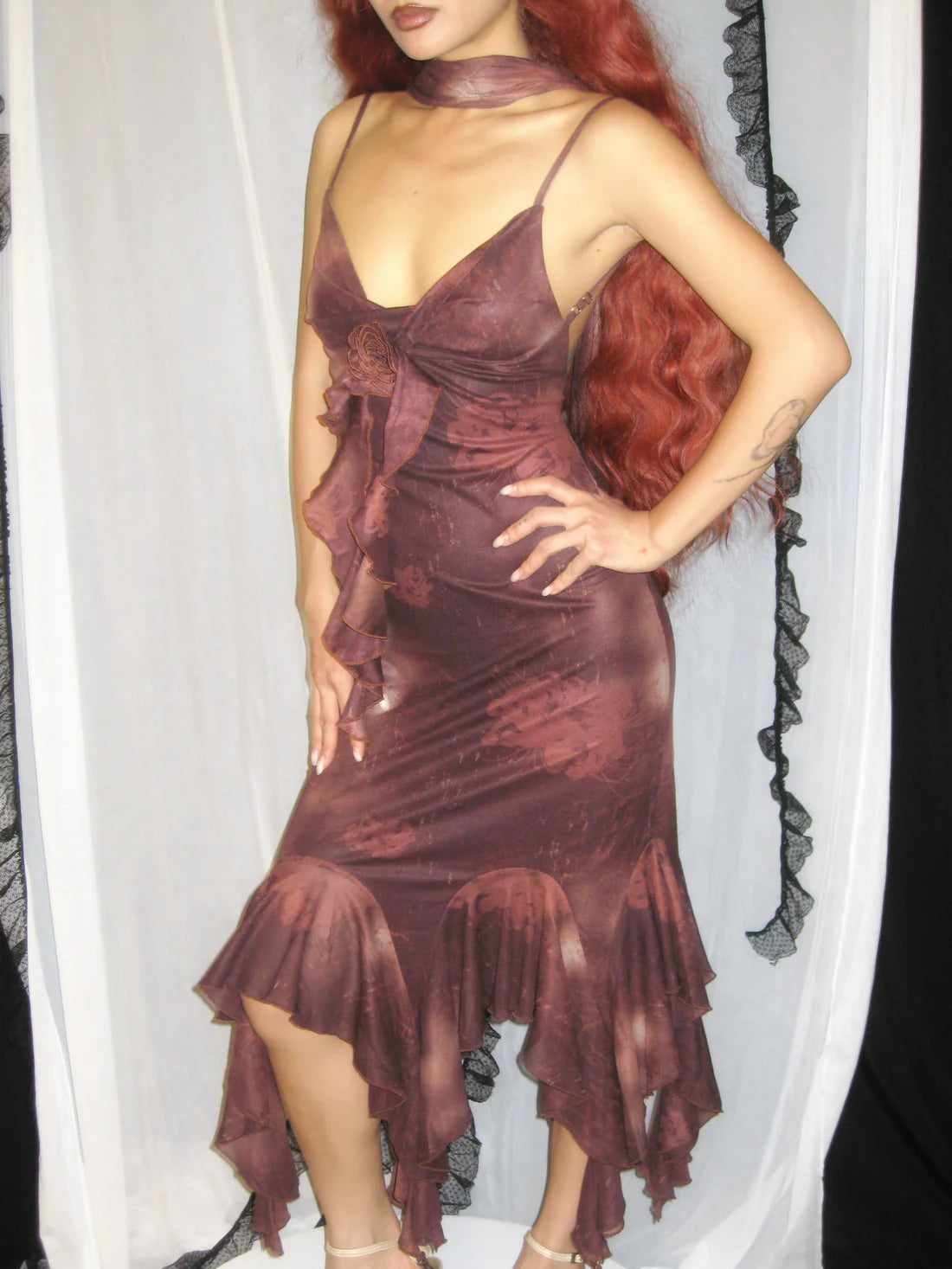 Mesh Floral Brooch Cami Dress &amp; Scarf