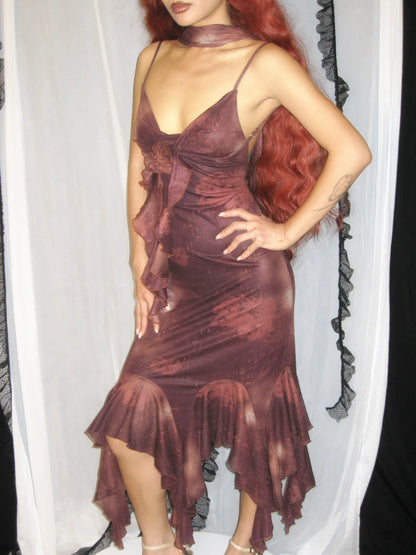Mesh Floral Brooch Cami Dress &amp; Scarf