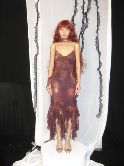 Mesh Floral Brooch Cami Dress &amp; Scarf
