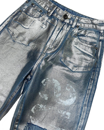 Metallic Denim Ripped Pants