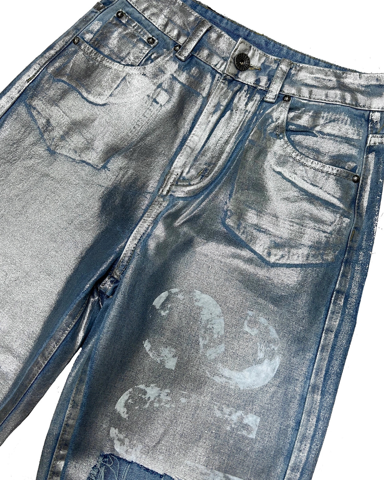 Metallic Denim Ripped Pants
