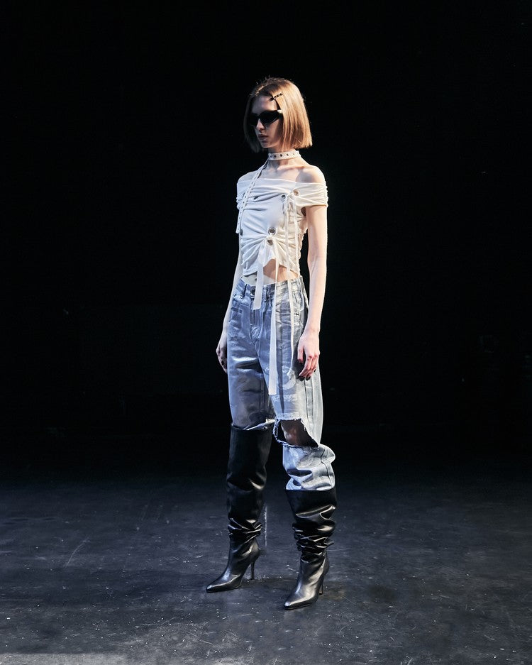 Metallic Denim Ripped Pants