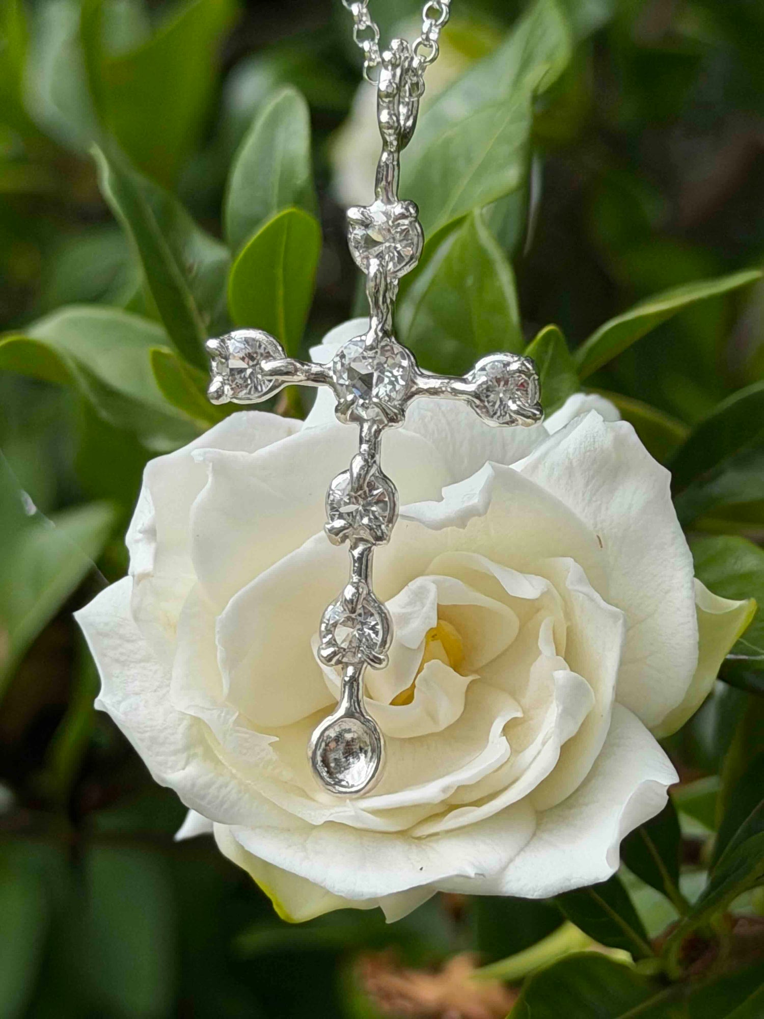 Mini Cross Necklace - White Sapphires