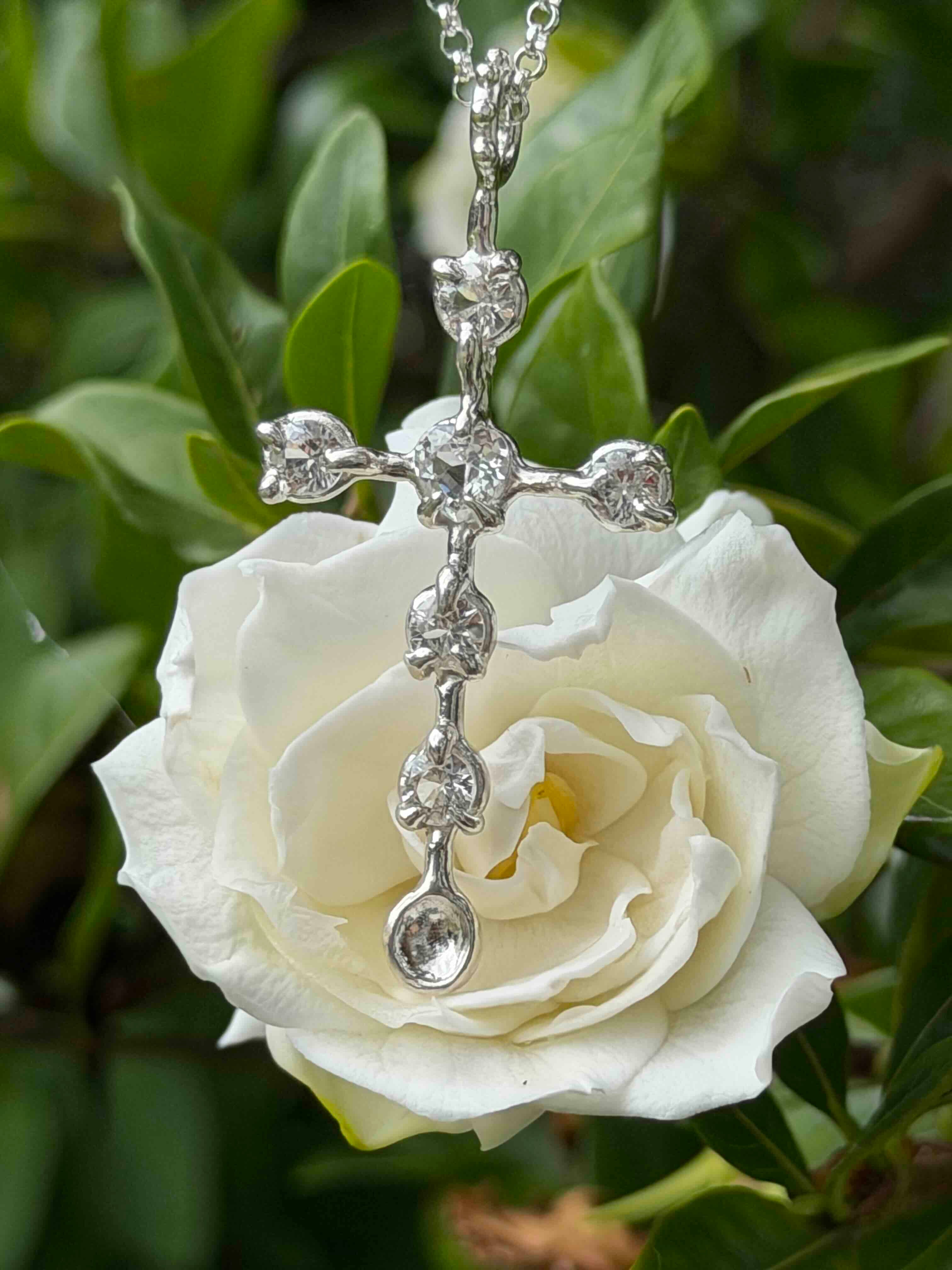 Mini Cross Necklace - White Sapphires