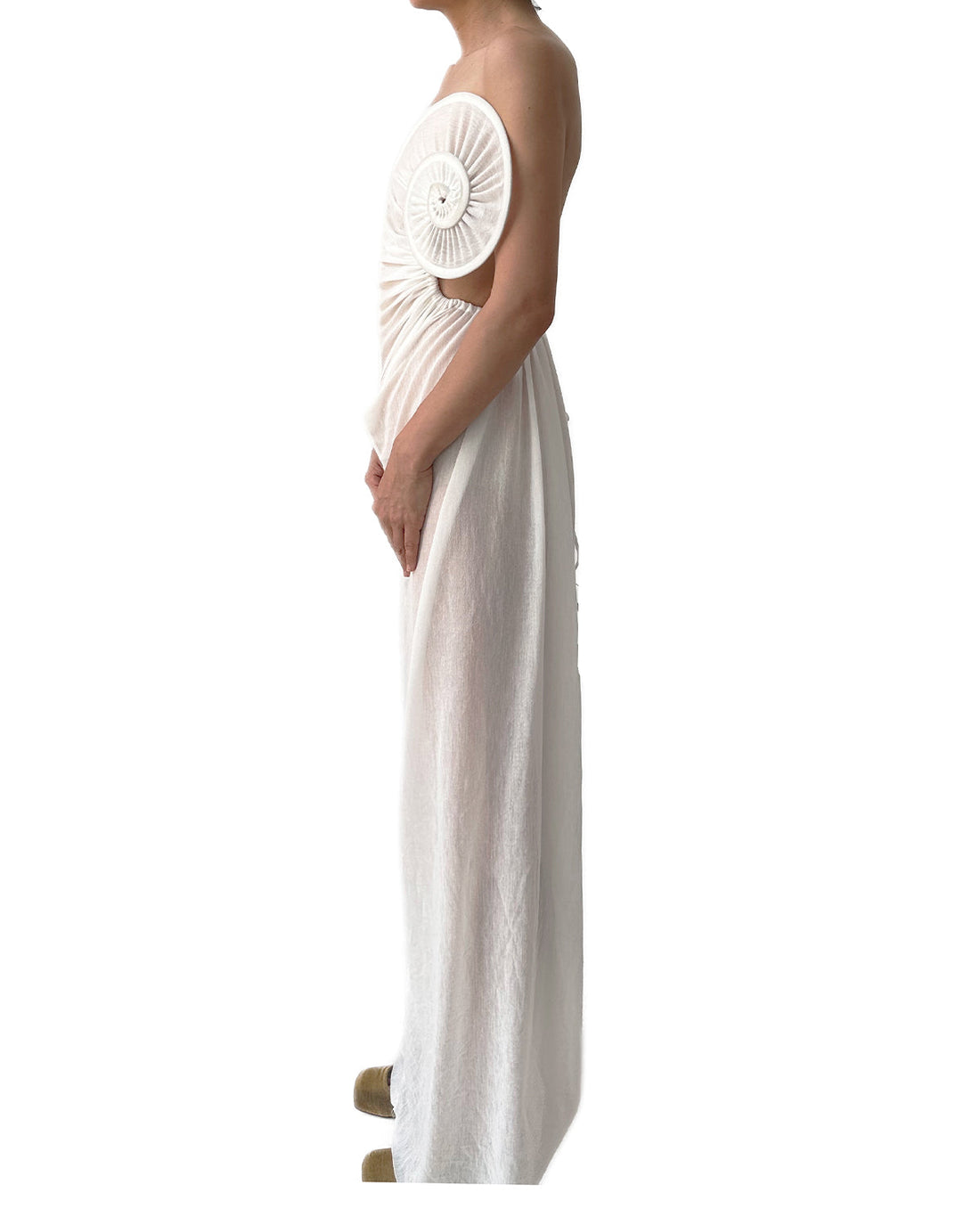 Draped Sea Shell Swirl Maxi Gown White Jersey