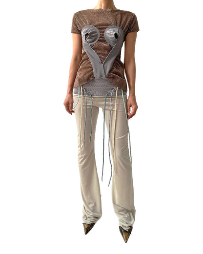 Low-rise Jersey Rib Flared Pants Beige Thistle w/ 4 Strings