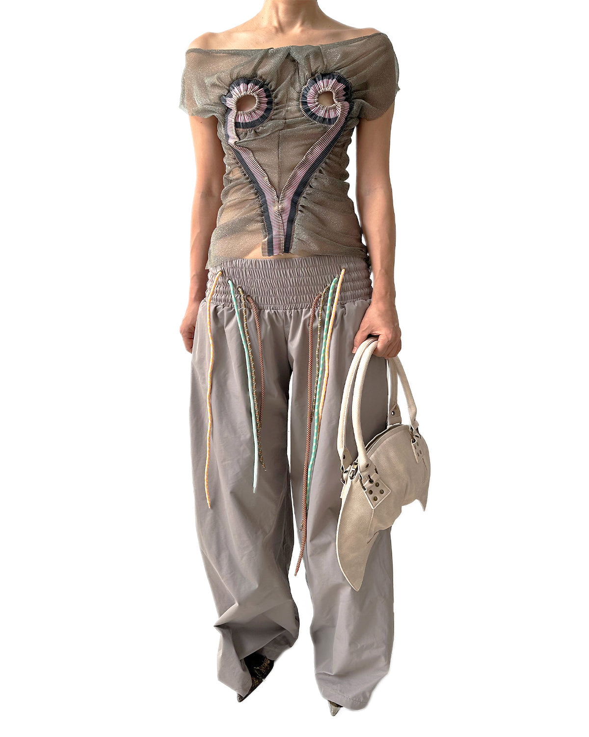 Metallic Silver Mesh Top RIb Patched Heart Shape Tank Tee