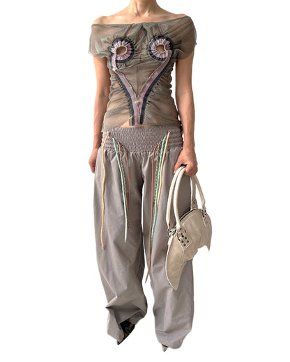 Metallic Silver Mesh Top RIb Patched Heart Shape Tank Tee