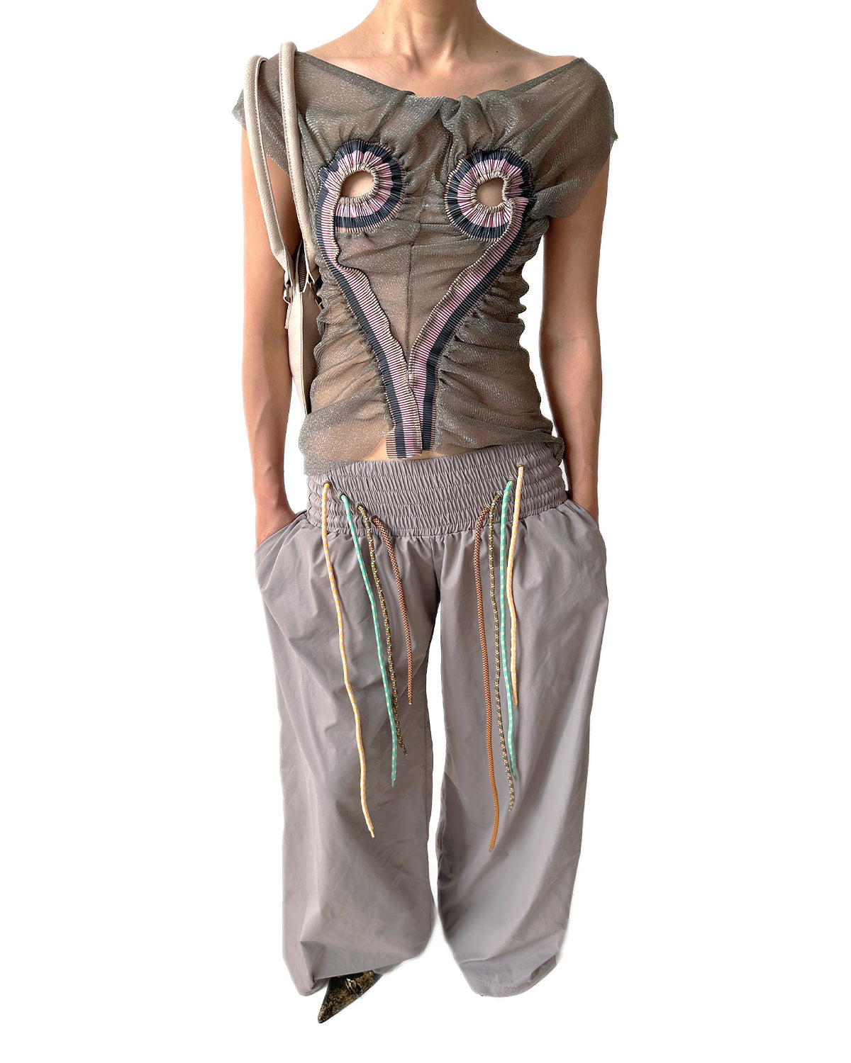 Metallic Silver Mesh Top RIb Patched Heart Shape Tank Tee