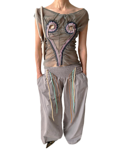 Metallic Silver Mesh Top RIb Patched Heart Shape Tank Tee