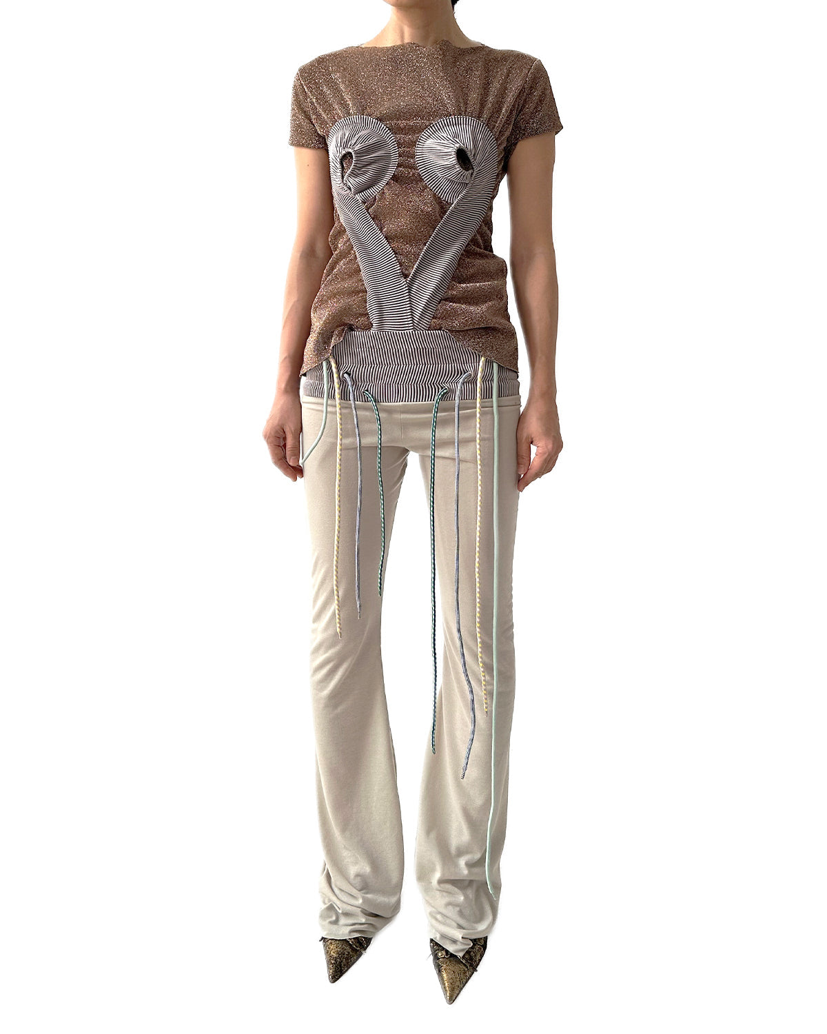 Low-rise Jersey Rib Flared Pants Beige Thistle w/ 4 Strings