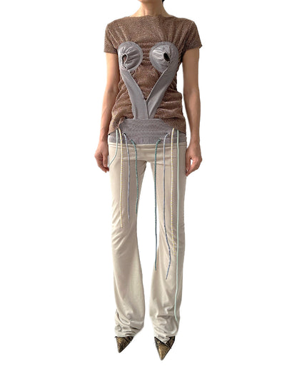 Low-rise Jersey Rib Flared Pants Beige Thistle w/ 4 Strings