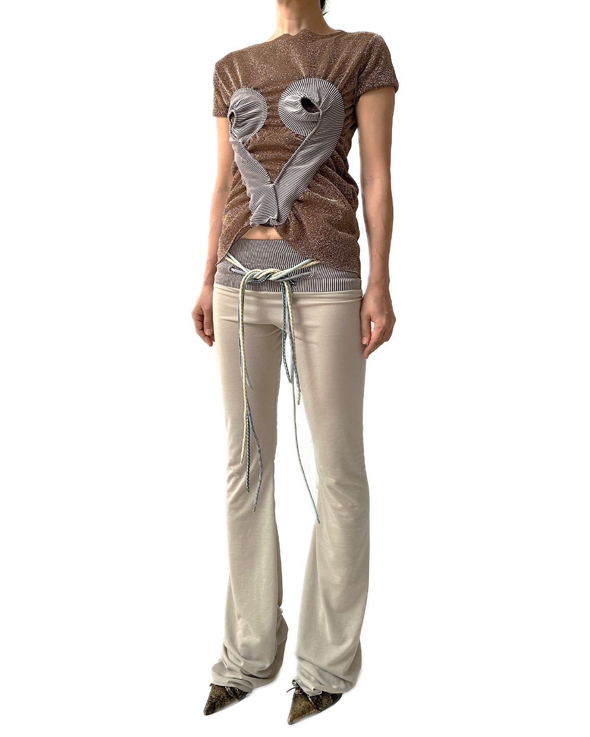 Low-rise Jersey Rib Flared Pants Beige Thistle w/ 4 Strings