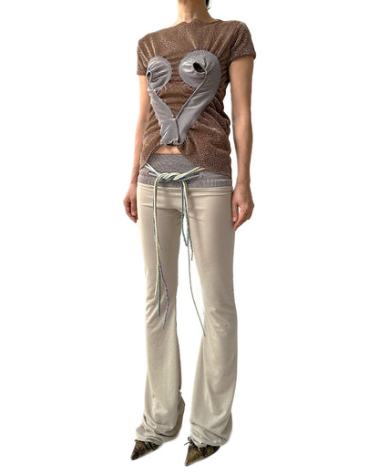Low-rise Jersey Rib Flared Pants Beige Thistle w/ 4 Strings