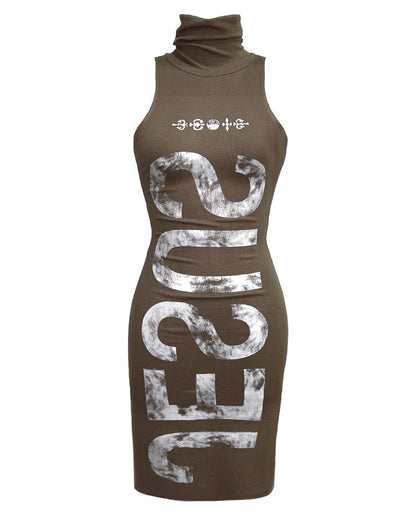 Ripped Text Slim Dress In Olive