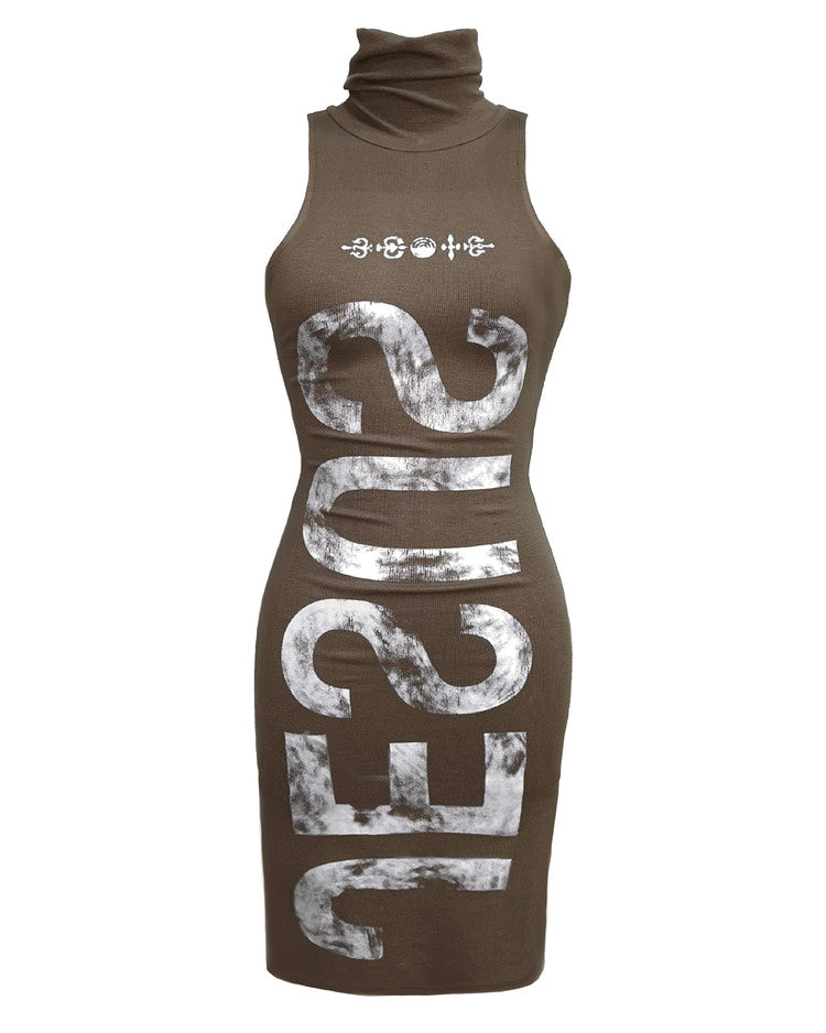 Ripped Text Slim Dress In Olive