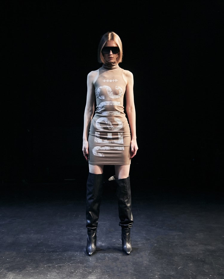 Ripped Text Slim Dress In Olive