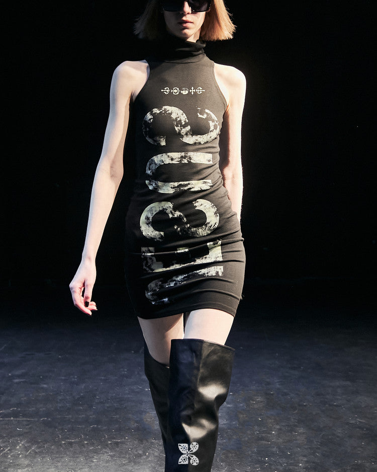 Ripped Text Slim Dress In Black