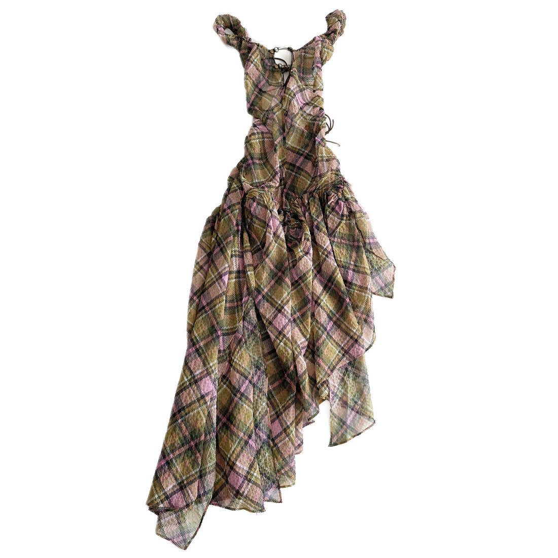 Plaid Puff Chiffon Asymmetrical Dress [Yellow+Blush]