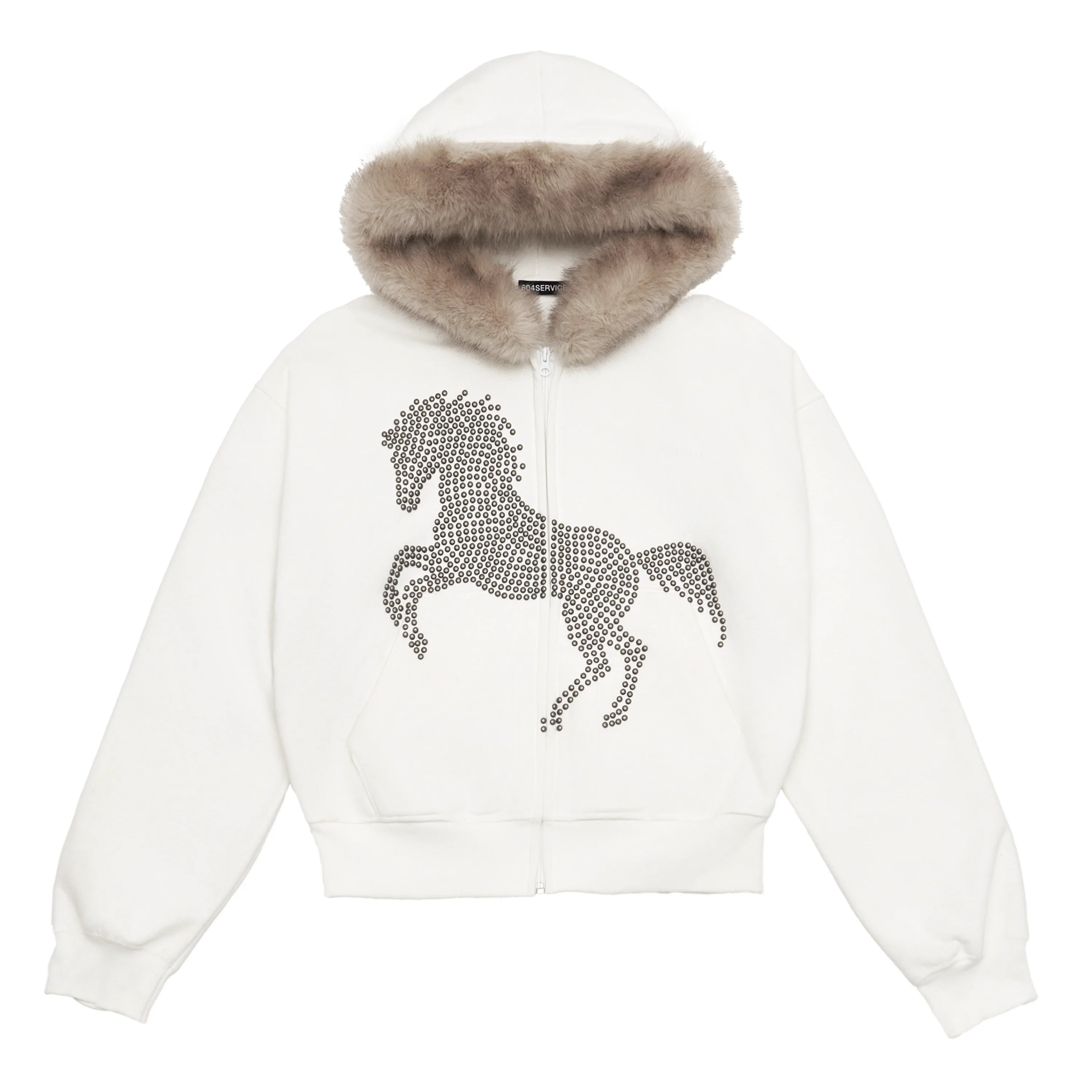 Studded Faux Fur Hoodie in White – REBORNE Studded Faux Fur Hoodie in White – REBORNE