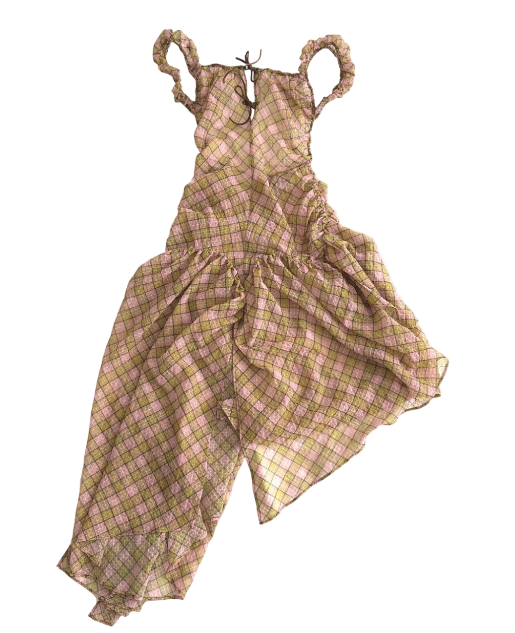 Plaid Puff Chiffon Asymmetrical Dress [Yellow+Blush]