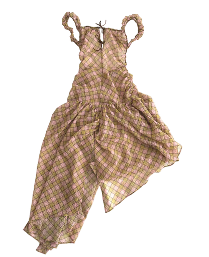 Plaid Puff Chiffon Asymmetrical Dress [Yellow+Blush]