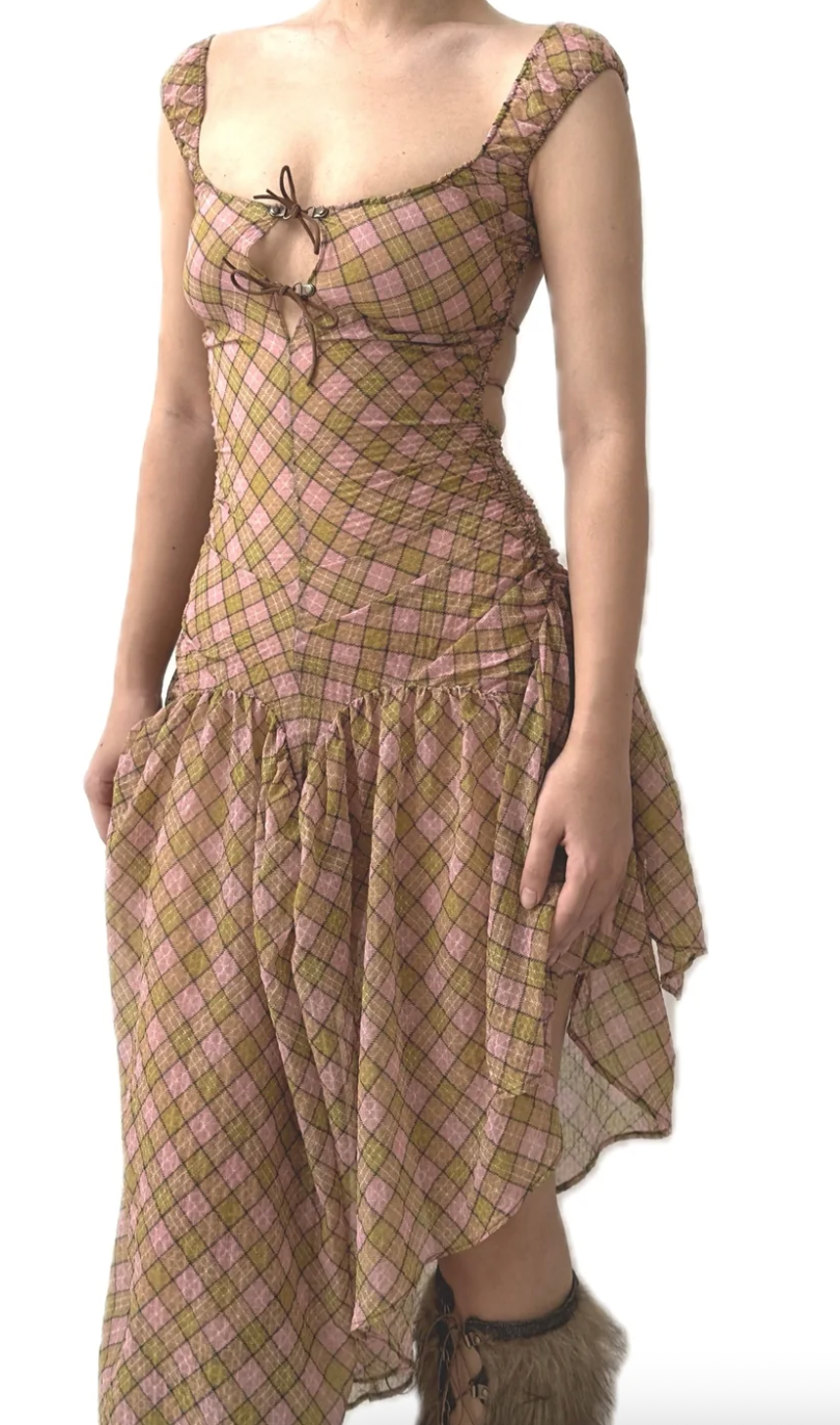 Plaid Puff Chiffon Asymmetrical Dress [Yellow+Blush]