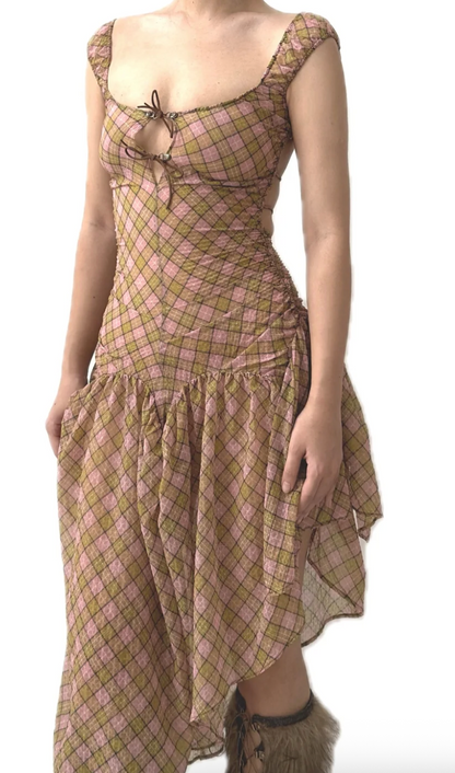 Plaid Puff Chiffon Asymmetrical Dress [Yellow+Blush]