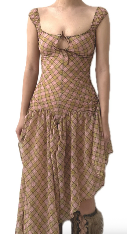 Plaid Puff Chiffon Asymmetrical Dress [Yellow+Blush]