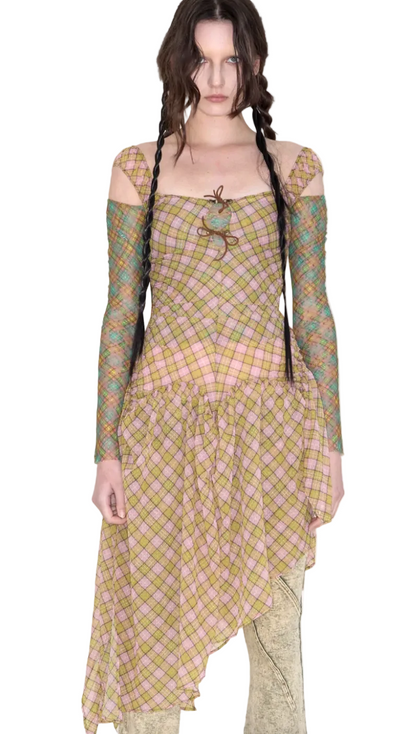 Plaid Puff Chiffon Asymmetrical Dress [Yellow+Blush]