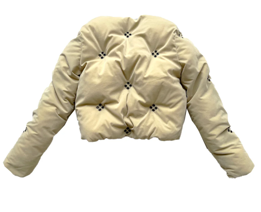Diamond Studded Velveteen Puffer Jacket Cream Yellow