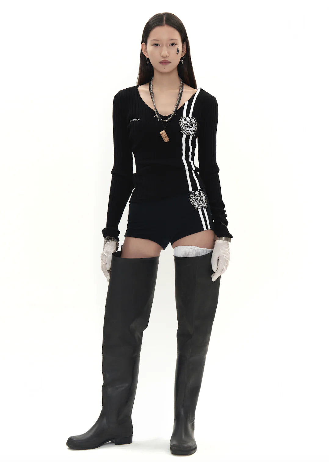 Beaded School Logo Track Sweater in Black