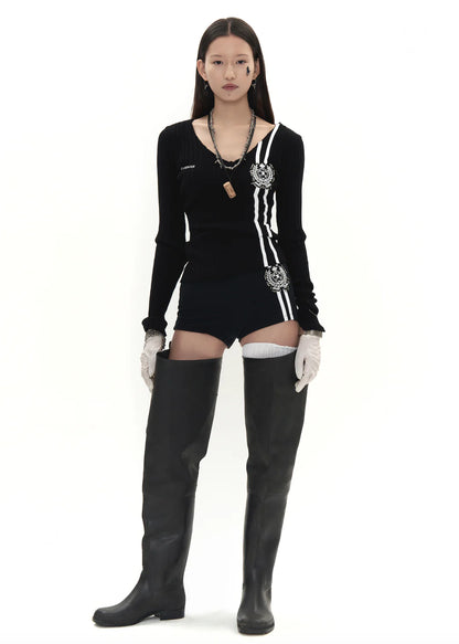Beaded School Logo Track Sweater in Black