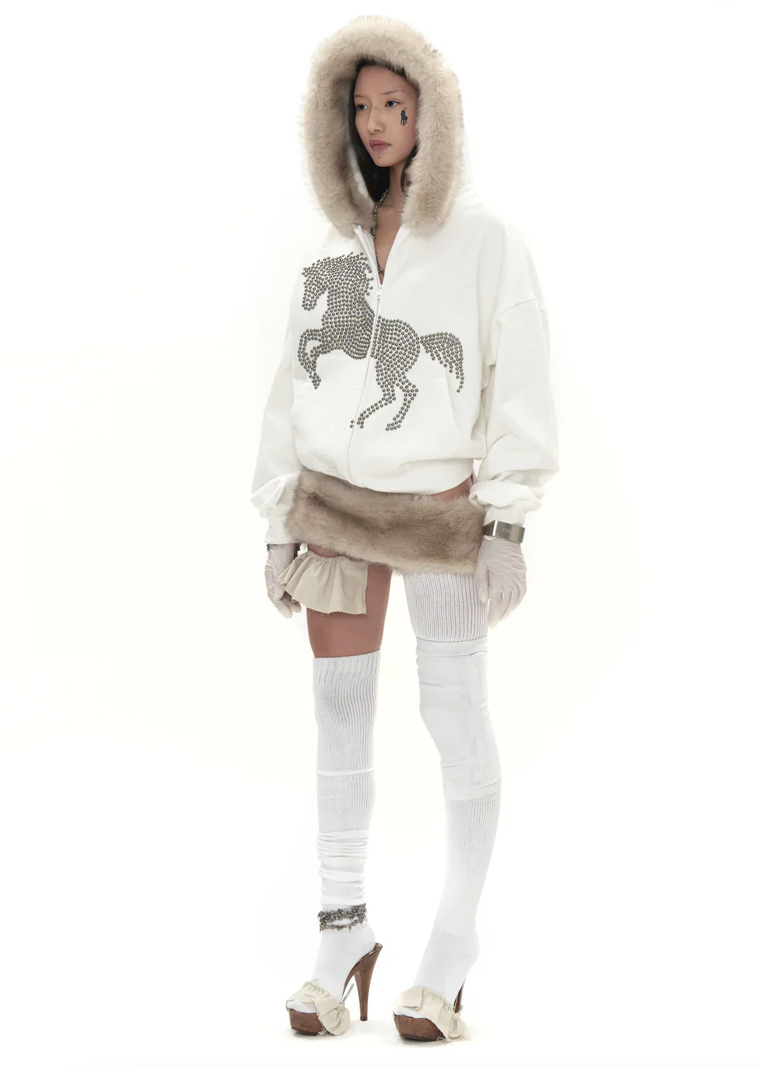 Studded Faux Fur Hoodie in White