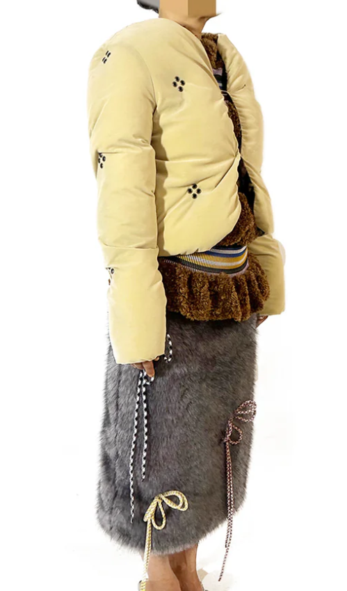 Diamond Studded Velveteen Puffer Jacket Cream Yellow