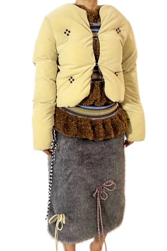 Diamond Studded Velveteen Puffer Jacket Cream Yellow