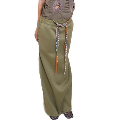 Drawstring Wide Elastic Waistband Maxi Sweat Skirt Olive