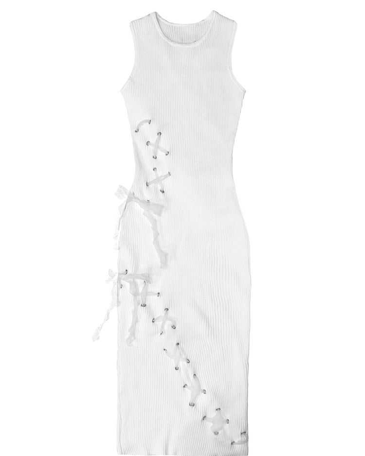 Two-Section Ribbon Ribbed Dress In White