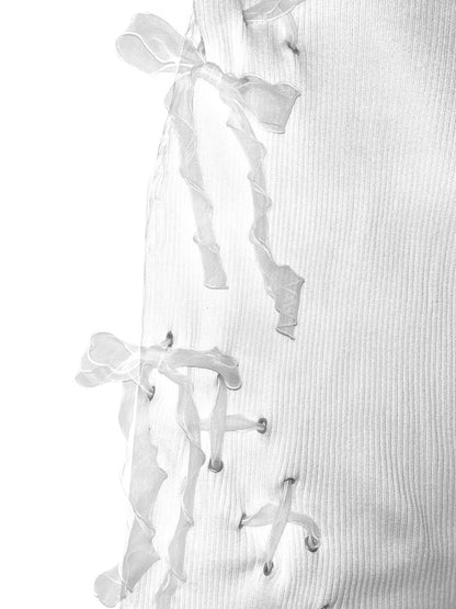 Two-Section Ribbon Ribbed Dress In White