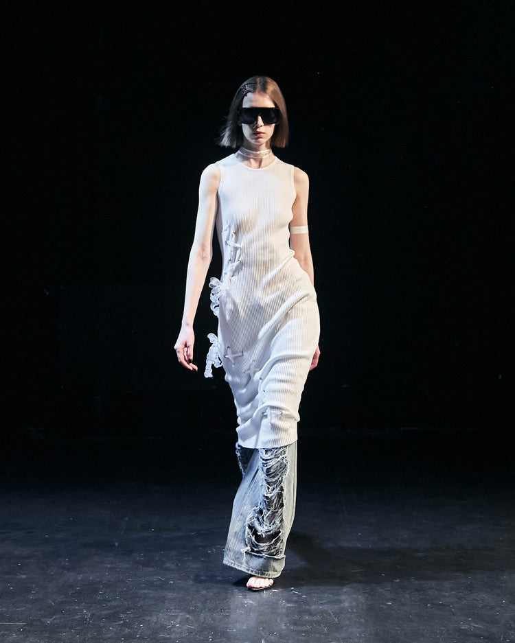 Two-Section Ribbon Ribbed Dress In White