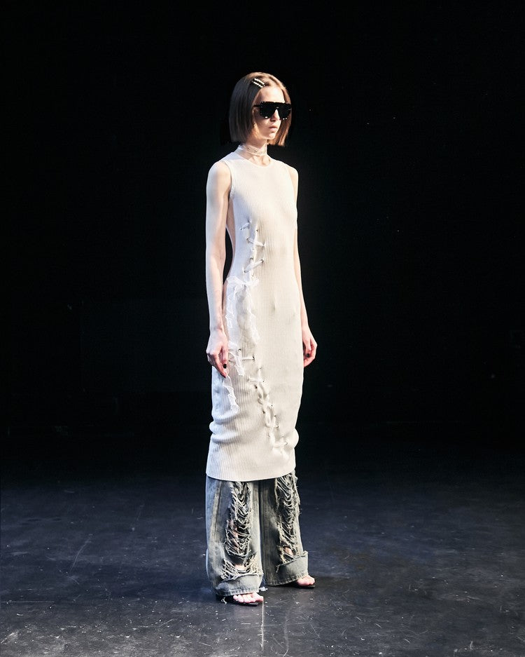 Two-Section Ribbon Ribbed Dress In White